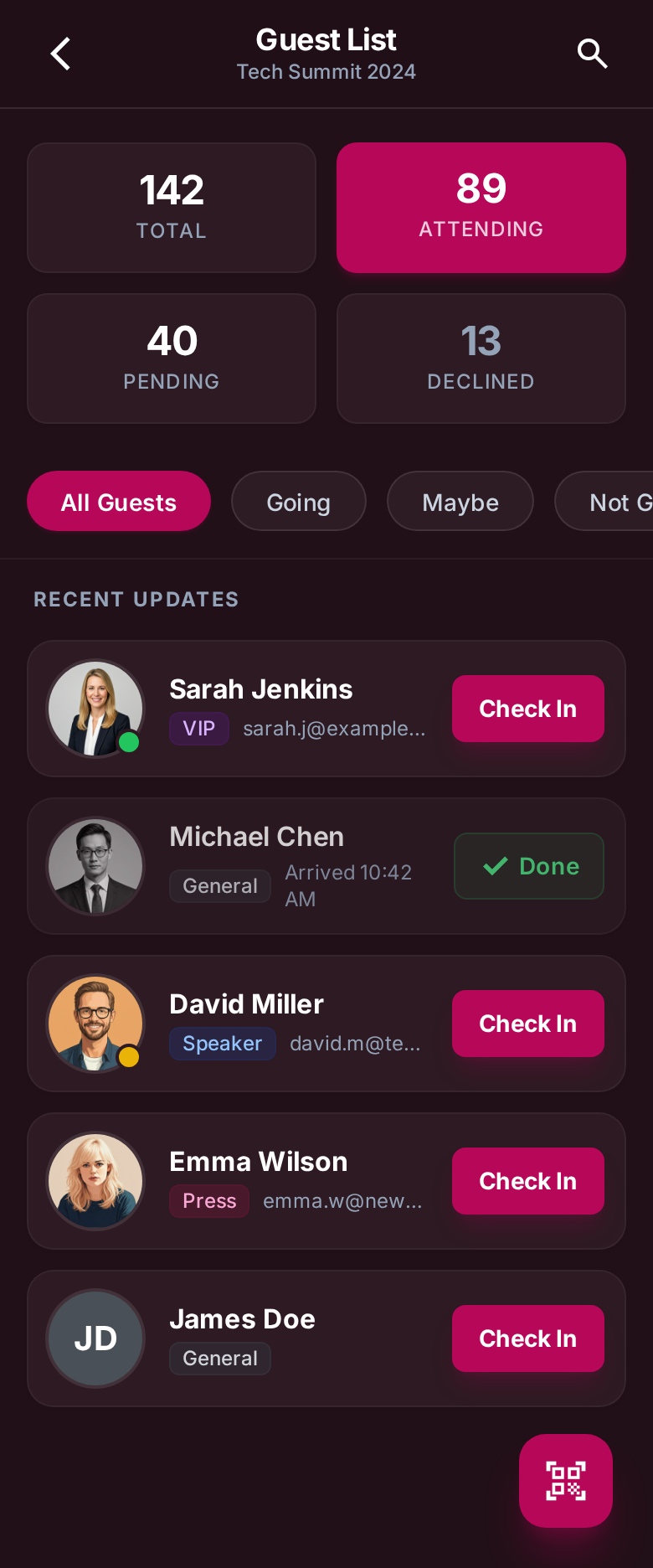 BlessEvents guest list with RSVP and check-in status
